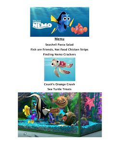 Finding Nemo Menu Disney Movie Night Menu Finding Nemo, Finding Nemo Movie Night Food, Finding Nemo Dinner, Finding Nemo Movie Night, Disney Dinner Ideas, Disney Nights, Disney Dinner And A Movie, Disney Movie Night Menu, Disney Meals