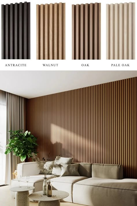 Pvc Walls Living Room, Panelled Slat Walls, Wood Panel Interior Design, Big Wall Interior Design, Wooden Paneling Walls, Wood Accent Wall With Plants, Grooved Wall Panelling, Mdf Wall Design Living Room, Office Wall Cladding Ideas