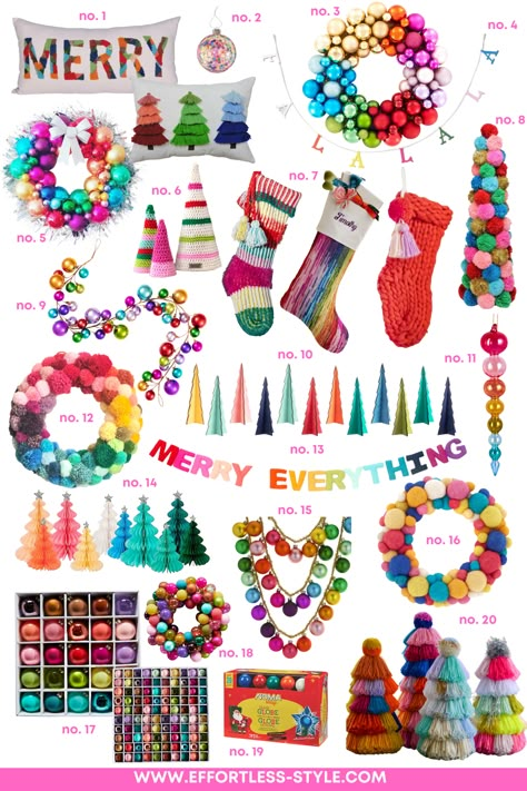 A-ROUND-UP-OF-COLORFUL-CHRISTMAS-DECORATIONS Multi Colored Christmas Decorations, Rainbow Christmas Table Decor, Bright And Merry Christmas Decor, Colorful Xmas Lights, Colorful Christmas Mantle Decor, Colourful Christmas Garland, Bright Boho Christmas Decor, Colorful Christmas Decorations Diy, Colorful Christmas Home Decor