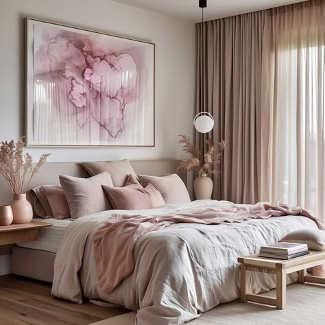 11+ Modern Master Bedroom Wall Decor Ideas in Pink • 333+ Art Images Blush Bedroom Accessories, Mauve Apartment, Soft Pink Neutral Bedroom, Smokey Pink Bedroom, Blush Beige Black Bedroom, Neutral And Blush Bedroom, Light Pink Master Bed, Dusty Rose Pink Bedroom, Beige And Blush Bedroom