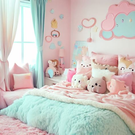 Pink Kawaii Bedroom Aesthetic, Squishmallow Bedroom Ideas, Cotton Candy Bedroom, Bedroom Kawaii, Pink And Blue Bedroom Aesthetic, Bedroom Ideas Kawaii, Girls Pastel Bedroom Ideas, Kawaii Bedroom Ideas, Kawaii Bedroom Aesthetic