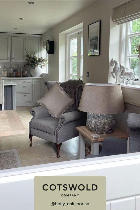 Cotswold Company Living Rooms, Sitting Area In Dining Room, Farmhouse Recliner, Farmhouse Recliner Chairs, Kitchen Larder Cupboard, Cotswold Company, Grey Living Room, Cute Cottages, Kitchen Larder