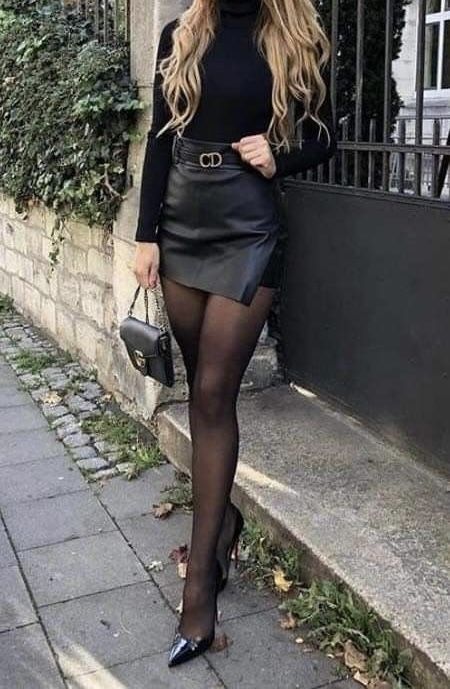 #fashion #style Black Sheer Stocking Outfit, Black Skirt With Nylons Outfit, Leather Skirt With Stockings Outfit, Black Stockings Outfit Party, Short Skirt With Stockings Outfit, Nylons Outfit Dresses, Sheer Stockings Outfit, Black Stockings With Skirt, Skirt With Stockings Outfit