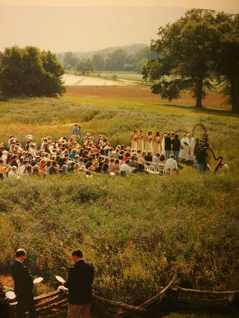 Married In A Field, Homey Outdoor Wedding, Field Wedding Aisle, Casual Wedding Bridesmaids Dresses, Big Field Wedding, Field Party Wedding, Wedding In A Flower Field, Summer Field Wedding, Summer Wedding In A Field