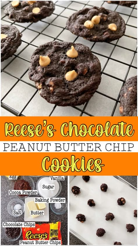 Reeses Chocolate Peanut Butter Chip Cookies, Reeses Chips Recipes Baking, Peanut Butter Chip Cookie Recipes, Chocolate Peanut Butter Chips Cookies, Reeces Chocolate Chip Cookies, Reese Chip Cookies, Chocolate Reese’s Pieces Cookies, Reese’s Peanut Butter Chocolate Cookies, Reeses Chips Cookies