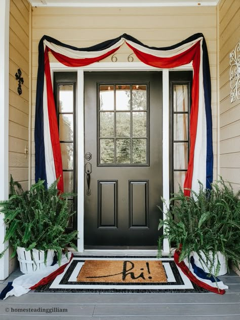 July 4 Porch Decor, Patriotic Outdoor Decorations, Fourth Of July Porch, 4th Of July Front Porch Decor, 4th Of July Front Porch, Small Front Porch Decor, Homestead Decor, Patriotic Porch, Christmas Urns