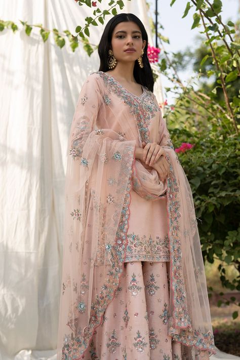 Shop for these amazing collections of Peach Embroidery V Neck Kurta Sharara Set For Women by Angad Singh online at Aza Fashions. Raw Silk Sharara, Boho Fall Fashion, Silk Sharara, Kurta Sharara Set, Kurta Sharara, Asian Clothes, Desi Fits, Punjabi Outfits, Desi Outfits