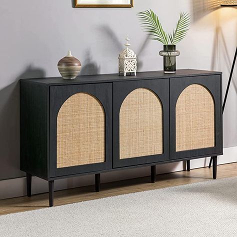 Amazon.com - HULALA HOME Farmhouse Boho Sideboard Buffet Cabinet with 3 Rattan Doors and 3 Shelves, Kitchen Storage Credenza with Solid Wood Legs, Modern Accent Console Table for Living Room & Dining Room, Black - Buffets & Sideboards Black Buffet Sideboard, Living Room Buffet, Kitchen Credenza, Farmhouse Storage Cabinets, Rattan Doors, Black Buffet, Farmhouse Sideboard Buffet, Cabinet For Living Room, Rattan Sideboard