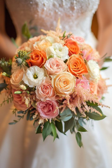 50+ Orange and Pink Wedding Bouquets That Pop with Personality | Matched Hearts Pink Orange And Blue Wedding, Bright Fall Wedding, Sunset Bouquet, Orange And Pink Wedding, Indian Wedding Theme, Coral Peonies, Pink Gerbera, Flower Girl Bouquet, Wedding Bouquets Pink