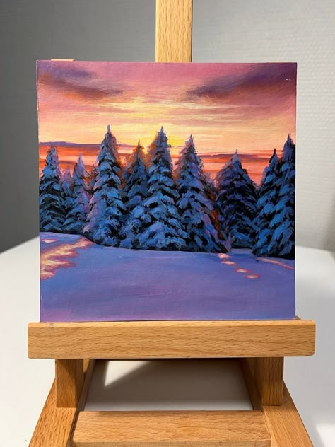 Winter Sunrise Painting, Paintings For Grandma Canvases, Small Paintings Acrylic, Christmas Paintings Landscape, Mini Canvas Art Fall, Canvas Square Painting, Painting Ideas To Gift Someone, Cute Paintings Acrylic, Easy Winter Paintings For Beginners Step By Step