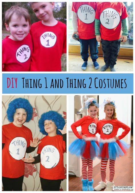 Need a quick costume for a pair of siblings or friends? Here are several Thing 1 and Thing 2 shirts, featuring the lovable duo from the Dr. Seuss classic The Cat in the Hat, they're the perfect choice! Thing One Costume Diy, Thing 1 Costume Diy, Thing One And Thing Two Costumes For Kids, Thing One Thing 2 Costumes, Thing 1 Hair Dr Seuss Diy, Thing One Thing Two Shirts, Diy Thing 1 And Thing 2 Shirts, Dr Seuss Halloween Costumes Families, Diy Thing 1 And Thing 2 Hair