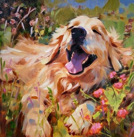 Golden Lab Painting, Painting Of Golden Retriever, Golden Retriever Oil Painting, Golden Retriever Laying Down, Painted Pet Portraits, Dog In Field Painting, How To Paint Dogs, Cute Dog Painting, Golden Retriever Painting Acrylics