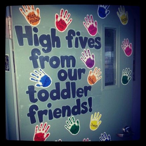 Simple Preschool Bulletin Boards, Our Classroom Family Bulletin Board, Daycare Art Display, Classroom Boards Preschool, Handprint Classroom Decor, Back To School Classroom Decorations Daycare, Art Display Bulletin Boards Preschool, Preschool Teacher Door Ideas, Handprint Bulletin Board Ideas