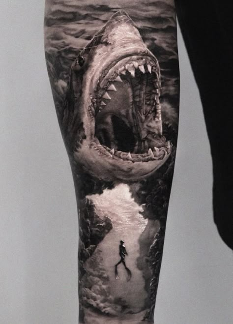 Shark Realistic Tattoo, Shark Realism Tattoo, Megladon Shark Tattoo, Back Shark Tattoo, Realistic Ocean Tattoo, Shark Tattoo Design Drawings, Shark Head Tattoo, Shark Forearm Tattoo, Shark Arm Tattoo