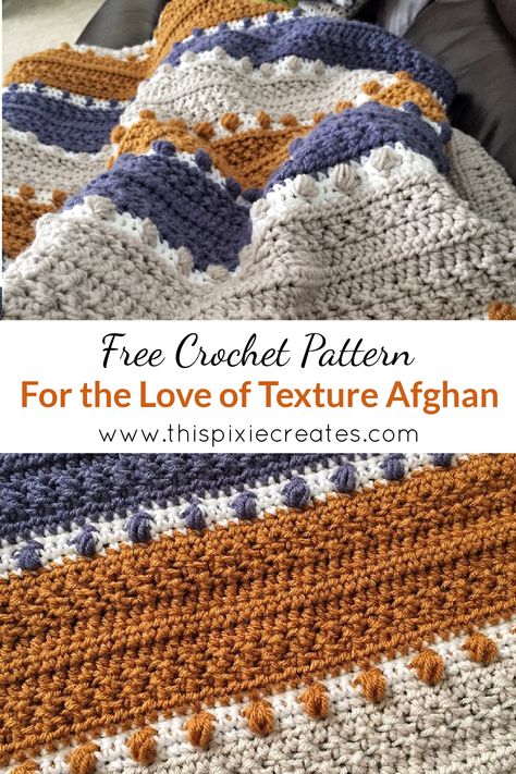 If you love texture, you'll love the For the love of Texture Afghan. It uses the puff stitch, and crossed half double crochet to create tons of texture. This blanket is designed to be an heirloom piece that can used and loved for years to come. The free pattern and tutorial can be found through the link in the pin. I hope you enjoy making this blanket! Crochet Afghan Pattern For Men, Twin Size Crochet Blanket Pattern Free, Free Crochet Blanket Patterns For Adults, Multicolored Yarn Crochet Projects, Folk Crochet, Crochet Blankets For Men, Advanced Crochet Stitches, Modern Haken, Yarn Creations