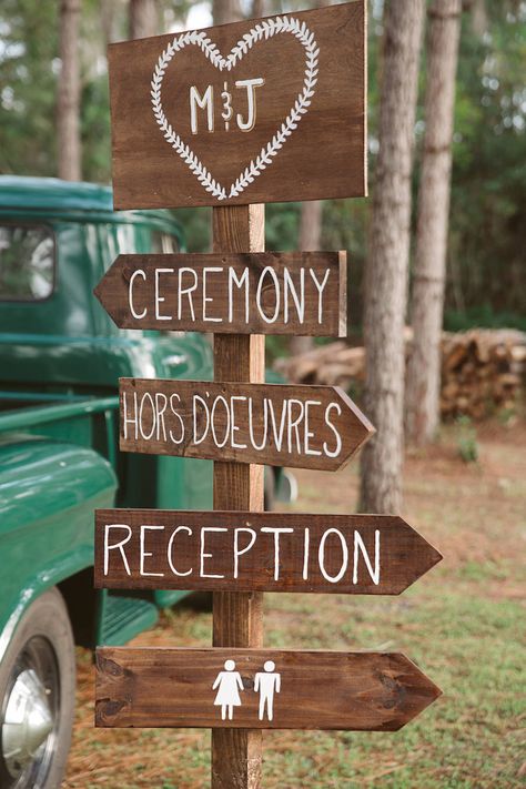 Directional Sign for Outdoor Rustic Wedding | Tampa Bay Wedding Planner Glitz Events Directional Signs For Wedding, Outdoor Wedding Direction Signs, Direction Sign Wedding, Wooden Direction Signs, Wedding Signs Directions, Direction Signs For Wedding, Cheap Rustic Wedding Ideas, Directional Wedding Signs, Rustic Wedding Signs Entrance