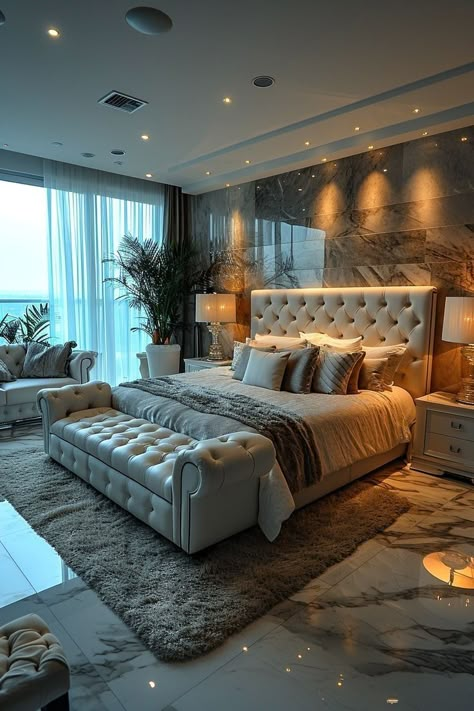 ## 2024 Elegant Master Bedrooms with Custom Seats: Combining Comfort and Luxury Master bedrooms are not just for sleeping—they are sanctuaries of comfort Bedroom Master Luxury, Royal Bedroom Design, Royal Bedroom, Luxe Bedroom, Big Bedrooms, Sitting Areas, Wall Panels Bedroom, Luxury Bedroom Master, Perfect Bedroom