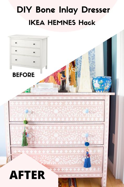 Create a Bone Inlay dresser for less, using a stencil and the IKEA Hemnes dresser. You can make custom colour combos, unique designs, and more. Stencil Dresser, Inlay Dresser, Ikea Dresser Hack, Bone Inlay Dresser, Ikea Hemnes Dresser, Hemnes Dresser, Ikea Dresser, Bone Inlay Furniture, Inlay Furniture