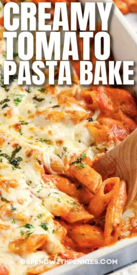 This Pasta Bake recipe is a family favorite. Pasta mixed with spices & marinara sauce then topped with cheese and baked until bubbly! #spendwithpennies #creamytomatopastacasserole #recipe #maindish #easy #baked #cheesy Homemade Pasta Bake, Vegetarian Marinara Pasta, Baked Cheese And Tomato Pasta, Marinera Pasta Recipes, Baked Macaroni With Tomato Sauce Pasta Dishes, Pasta Bake With Alfredo And Marinara, Cheesy Marinara Pasta, Baked Creamy Pasta, Tomato Mozzarella Pasta Bake