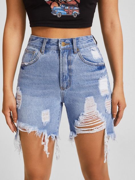 Ripped Shorts Outfit, Ripped Bermuda Shorts, Ripped Skirt, High Waisted Ripped Shorts, Bum Shorts, Knee Length Denim Shorts, Women Denim Shorts, Jean Short Outfits, Denim Shorts Outfit