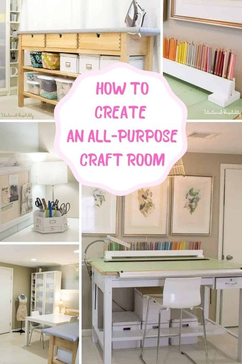 It's easy to have a beautiful and inspiring craft room with these how to create an all purpose craft room tips and ideas. White Craft Room Ideas, Harbor Freight Craft Room, Decorating A Craft Room, Sewing Craft Room Ideas Inspiration, Small Crafting Room Ideas, Craft Room With Multiple Work Stations, Craft Room Remodel, Organising Craft Room, Craft Room Categories List