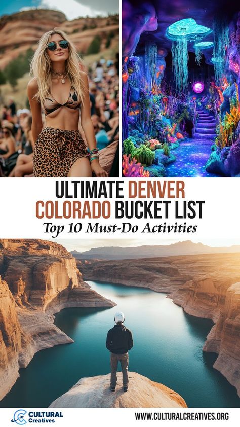 A collage of outdoor and indoor scenes including a woman at a festival, a vibrant otherworldly art exhibit, and a person standing at the edge of a cliff overlooking a canyon, representing the Ultimate Denver Colorado Bucket List. Denver In January, Visiting Denver Colorado, Denver In The Fall, Best Things To Do In Denver Colorado, Things To See In Denver Colorado, Colorado Weekend Trips, Travel To Colorado, Colorado To Do, Denver Date Ideas