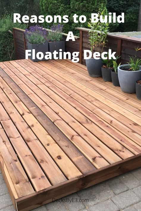 Floating Deck Backyard Ideas, Backyard Platform Ideas, Deck On Ground Level, Backyard Platform, Ground Level Porch Landscaping, Wood Decks Backyard, Patio Platform Ideas, Backyard Ground Ideas, Outdoor Platform Ideas