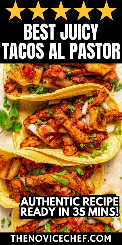 Easy and juicy Tacos al Pastor are a flavorful favorite made with slightly spicy and smoky pork and sweet pineapple. You’ll love the bold tastes that earthy, hearty chilis and spices bring to this simple, authentic recipe for al pastor tacos! Authentic Mexican Food Tacos, Tacos Al Pastor Oven Recipe, Street Taco Meat Recipes, Easy Al Pastor Tacos, Carne Al Pastor Recipe, Tacos Pastor Recipe, Authentic Mexican Fajitas Recipes, Authentic Mexican Pork Tacos, Authentic Tacos Al Pastor