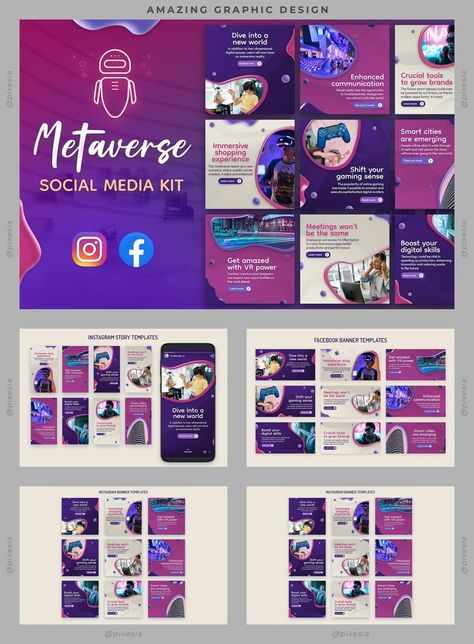 SOCIAL MEDIA KIT METAVERSE EDITION - Don't waste more time and stand out from your competitors and promote the products you sell in a great design layout to catch your customer’s attention. Your audience will be in loved with the modern, fresh and striking design of this social kit thought with every detail. This social media kit is ideal to be used by small and medium businesses, agencies, companies, offices, marketers or corporations. Social Media Toolkit, App Promotion, Social Media Kit, Social Media Games, Brand Kit, Smart City, Media Kit, Game App, Design Layout