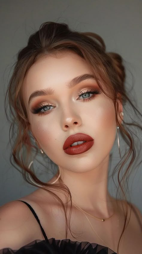 Makeup Ideas For Copper Dress, Full Face Makeup Brown Eyes, Makeup Looks With Burgundy Dress, Makeup For Green Velvet Dress, Sultry Bridesmaid Makeup, Bridal Fall Makeup, Peachy Brown Makeup, Fall Formal Makeup, Terra Cotta Makeup