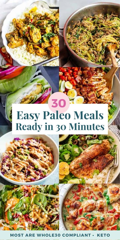 These 30 easy paleo meals are all ready in 30 minutes or less. Most recipes are Whole30 compliant and many are low in carbs + keto friendly. Whole 30 Family Dinner Recipes, Meal Prep For The Week Paleo, 30 Minute Paleo Dinner, Paleo Meals For A Crowd, Cheap Easy Paleo Meals, Paleo Meal Ideas Dinners, Budget Friendly Paleo Meals, Whole Food Meals Easy, Paleo 30 Minute Meals