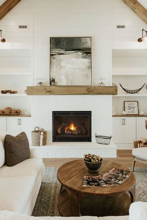 Gas Fireplace Ideas Living Rooms, Gas Fireplace Ideas, Indoor Gas Fireplace, Fireplace Built Ins, White Fireplace, Farmhouse Fireplace, Living Room Decor Fireplace, Fireplace Remodel, Wood Fireplace