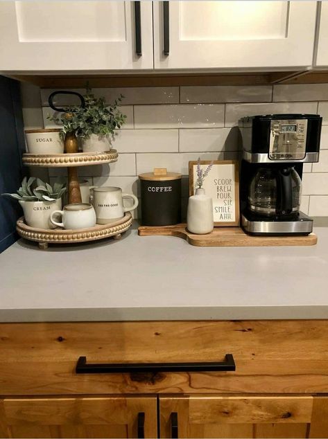 Coffee Bar On Kitchen Counter Ideas, Diy Coffee Bar Countertop, Cake Stand Coffee Bar, Cute Coffee Nook, Coffee Counter Top Ideas, Minimalist Coffee Station Kitchen, Coffee Bar Set Up In Kitchen, Coffee Area In Kitchen Minimalist, Coffee Spot On Counter