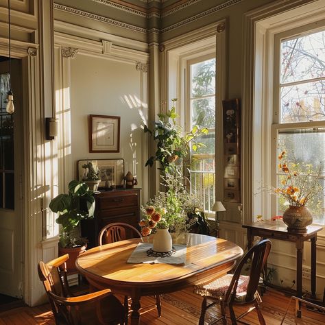 Cozy cottagecore dining area Cottagecore Dining Chairs, Cozy Round Table Dining Room, Cozy House Aesthetic Vintage, Cottage Core Meets Mid Century Modern, Cottagecore Aesthetic Modern, Dining Room Old House, Small Apartment Dining Area Ideas, Indie Dining Room, Small Vintage Dining Room