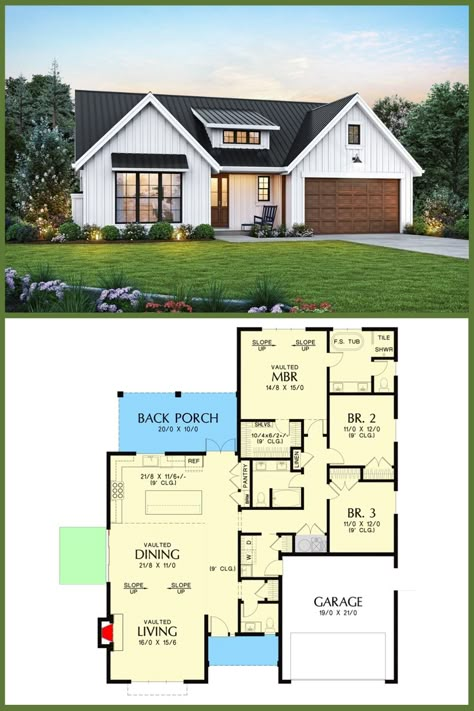 Modern Farmhouse Plans - Tour this 1,959 Sq Ft. 3-Bedroom 1-Story Modern Farmhouse. Go inside: https://buff.ly/4aANBLx | Facebook Modern House Exterior 1 Story, Free House Plans 3 Bedroom, One Story Modern Farmhouse, American House Design, Fireplace Floor, House Floorplan, Mediterranean Houses, Heights House, White Siding