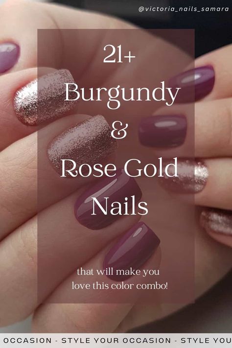 Looking for elegant burgundy nails with designs or glitter? You’ll love this list of burgundy and rose gold nails for every day wear or a special occasion. There’s short and simple almond nails, extravagant acrylic manicures with rose gold foil, glittery French tips, and everything in between! Mauve Nails French Tip, Nail Ideas For Burgundy Dress, Nails For Mauve Dress, Rose Gold Nails Design Classy Short, Mauve Nails Design Classy, Winter Nails Pink Rose Gold, Pink Gold French Nails, Rose Gold Nails Design Classy Acrylic, Dip Fingernail Designs