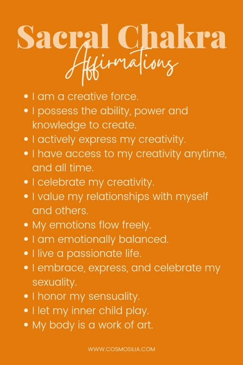 Sacral Chakra Affirmations Sacral Chakra Oils, Navel Chakra Healing, Sacral Chakra Location, Orange Chakra Healing, How To Open Sacral Chakra, Second Chakra Healing, Crystals For Sacral Chakra, Healing The Sacral Chakra, Sacral Chakra Affirmation I Feel