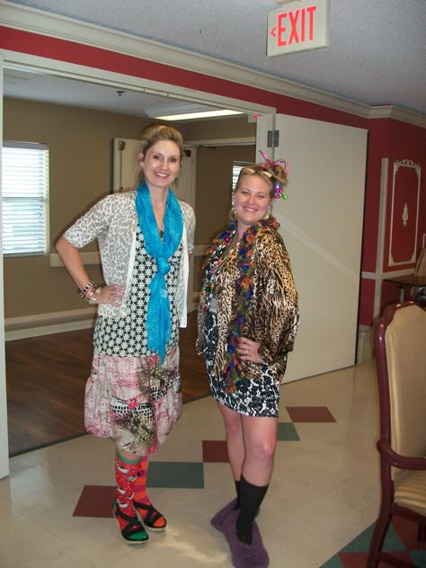 Whoa!! This is me and one of my coworkers on Fashion Disaster Day!! I love that we celebrate when a department has their special week of recognition. This was for CNA Week (but anyone that wants to can dress up)! #ThanksPinning Fashion Disasters Outfit, Pta Fundraiser Ideas, Wacky Tacky Day, Wacky Outfits, Tacky Day, Asb Ideas, Nursing Home Week, Spirit Weeks, Cna Week