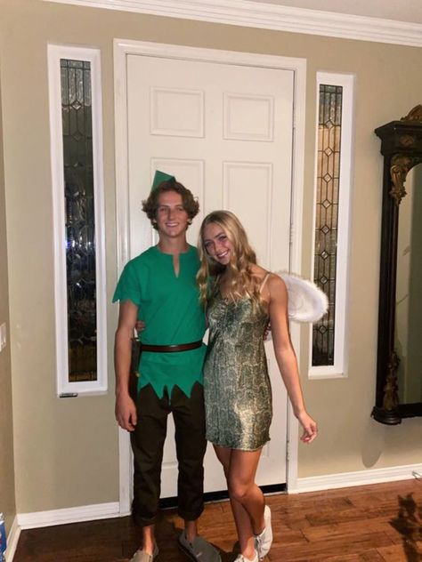 Couple Halloween Costumes Tinkerbell And Peter Pan Costume, Couple Costumes Tinkerbell, Couple Flinstone Costume, Peter Pan And Tink Costume, Peter And Tinkerbell Costume, Easy Peter Pan Costume, Peter Pan Dress Up, Peter And Wendy Costume, Tinker Bell Peter Pan Costumes