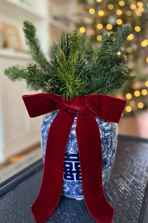 Grandmillennial Blue and White Christmas Decorations – Preppy Goods Grandmillennial Christmas Decor, Christmas Decor Blue And Red, Blue And White Christmas Kitchen, Blue Green Red Christmas Decor, Chinoiserie And Plaid Christmas, Blue White Red Christmas, Grandmillenial Christmas Table, Ginger Jar Christmas Decor, Christmas Tree In Blue And White Pot