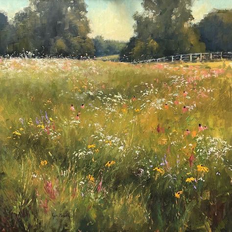 Field Of Flowers Oil Painting, Green Pastures Painting, Impressionist Flower Field, Painting Of Flower Field, Painted Field Of Flowers, Grassy Meadow Painting, Field With Flowers Painting, Scenic Oil Painting, Drawing Field Of Flowers