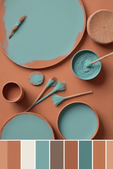 Duck Egg Blue And Terracotta, Paint Colors That Go With Turquoise, Color Scheme Terracotta, Turquoise And Copper Color Scheme, Aqua And Terracotta, Earthy Teal Color Palette, Cheerful Interior Paint Colors, Coral Turquoise Palette, Greek Island Color Palette