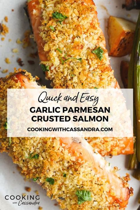 Parmesan crusted salmon coated in a garlicky, cheesy herb crust that’s crispy and scrumptious. Follow this recipe for a quick and easy crowd-pleaser. Feta Crusted Salmon, Garlic Parmesan Crusted Salmon, Salmon Recipes Parmesan Crusted, Panko Salmon Recipes, Salmon Parmesan Crusted, Encrusted Fish, Panko Crusted Salmon, Salmon Dinners, Friday Meals