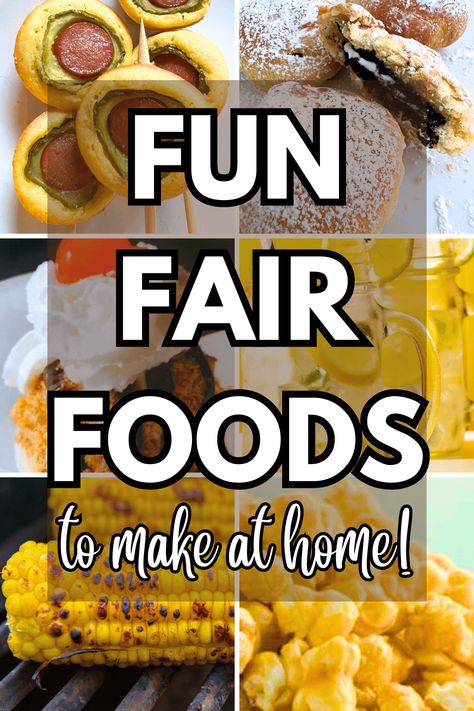 Easy Fair Foods Recipes To Make At Home - fun fair recipes and festival recipes for homemade fair foods like fried Oreos, fair lemonade recipe, pickle corn dogs like the fair, fair corn, kettle corn recipe and more! #fairfoods #partyfoods #snacks #kettlecorn #festivals Fair Lemonade Recipe, Caramel Apple Snacks, Carnival Food Recipes, Fair Lemonade, Carnival Eats Recipes, Grilled Corn On Cob, Fair Cookies, Foods To Make At Home, Fried Oreo