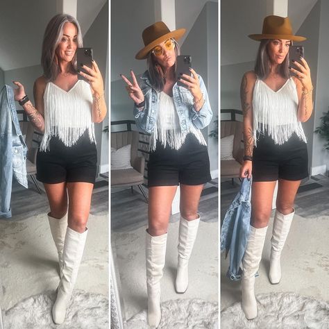 Fringe Tank Top Outfit, Miranda Parker, Knee High White Boots, High White Boots, Tank Top Outfit, Fringe Tank Top, Tank Top Outfits, Country Concert Outfit, Country Concerts