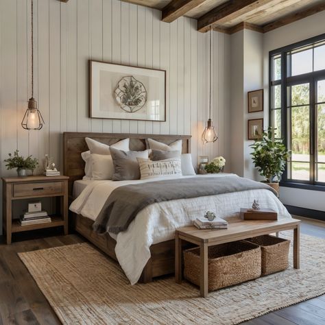 15 Modern Farmhouse Bedroom Ideas – howthingscompare.com Bedding For Wood Bed Frame, Cozy Minimalist Guest Bedroom, Dark Wood Farmhouse Bedroom, Rustic But Modern Home, Rustic Bedroom Chandelier, Bedroom Modern Rustic, Guest Room Modern Farmhouse, Neat Bedroom Ideas, Modern Farmhouse Bedroom Master Suite Ceiling Lights