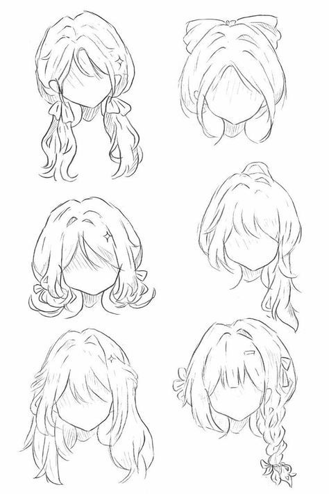 Cute Hairstyle Reference, Cute Hair Sketch, Hairstyle Ideas Sketch, Cute Hairstyles Reference, Hairstyle For Drawing, Hair Poses Drawing, Hair Styles Anime Drawing, Hairstyles Women Drawing, Hair Reference Drawing Girl