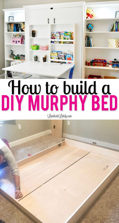 This tutorial for how to build a full size DIY murphy bed shows what supplies you'll need, how to get the best plans for your space, and even talks about additional ideas for built in storage (some from Ikea). Get a cost breakdown of how to build a Create a Bed system! Diy Murphy Bed, Build A Murphy Bed, Ideas Habitaciones, Murphy Bed Ikea, Ikea Bookcase, Murphy Bed Desk, Murphy Bed Diy, Murphy Bed Plans, Bed Parts