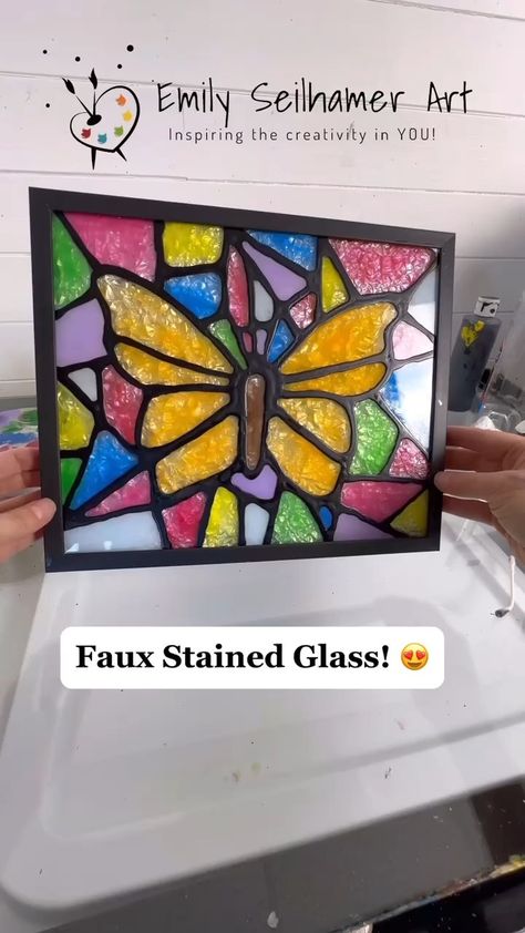 Emily Seilhamer | How to make faux stained glass 😍 Full tutorial out now! #diyideas #easycrafts #artsandcrafts #eastercrafts #tutorials | Instagram Outdoor Art Diy, Stained Glass Diy Tutorials, Glass Bead Crafts Diy, Faux Stained Glass Art, Glass Crafts Diy, Senior Living Activities, Glass Bead Crafts, Library Crafts, Diy Pottery Painting