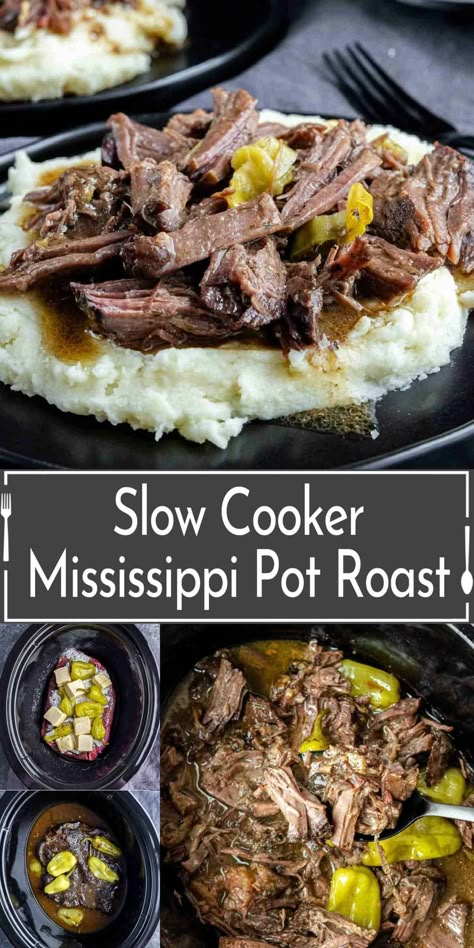 Mississippi Pot Roast is the ultimate slow cooker recipe. Just 5 simple ingredients is all you to make tender, flavorful roast beef that is sure to become your go-to for delicious family dinners. Slow Cooker Mississippi Pot Roast, Mississippi Roast Recipe, Crockpot Pot Roast, Crockpot Roast Recipes, Pot Roast Crock Pot Recipes, Easy Pot Roast, Mississippi Pot, Best Pot Roast, Mississippi Roast